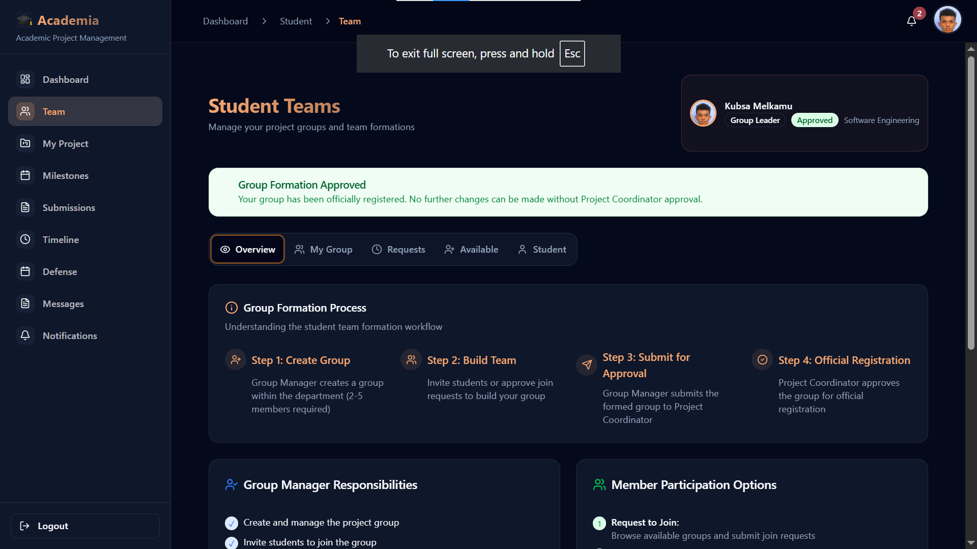 Student group formation workspace
