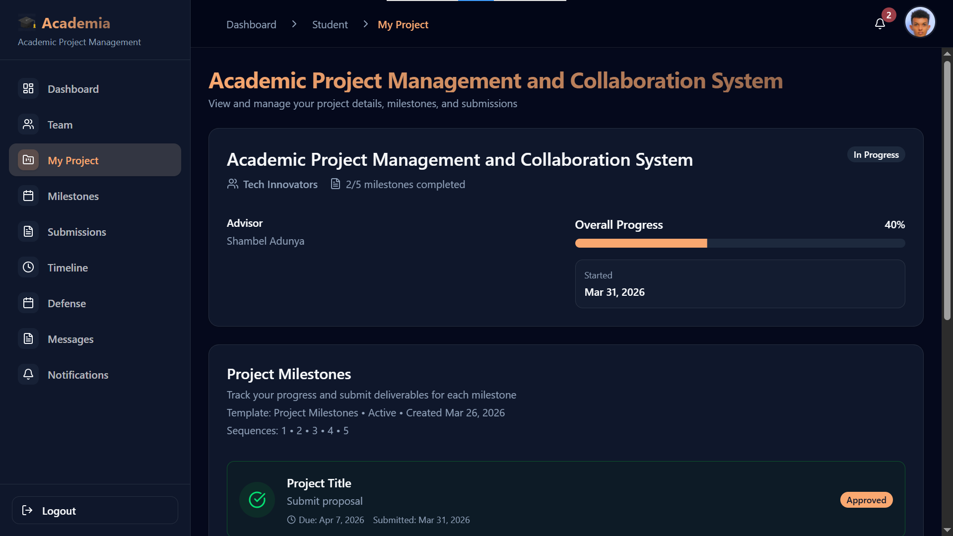 Student milestone workspace