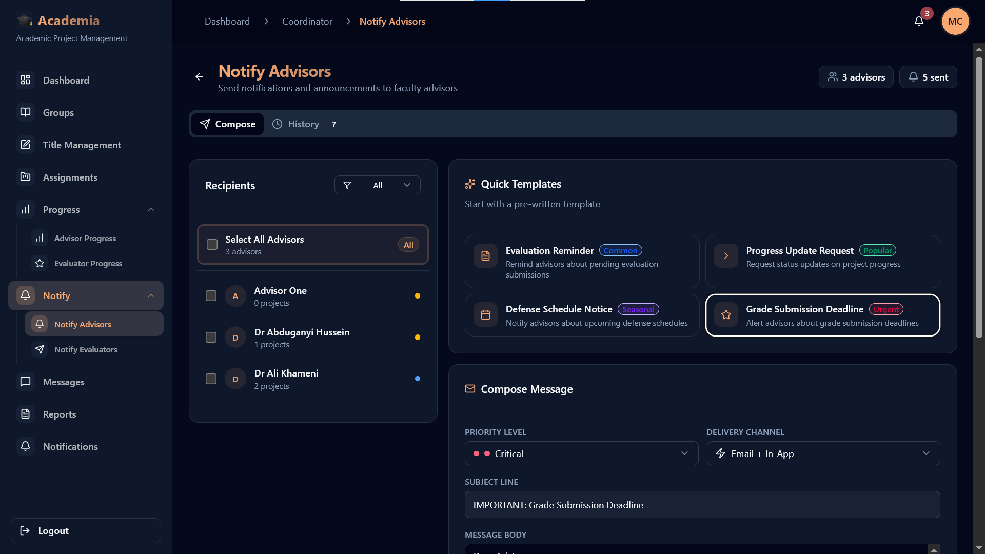 Advisor project dashboard