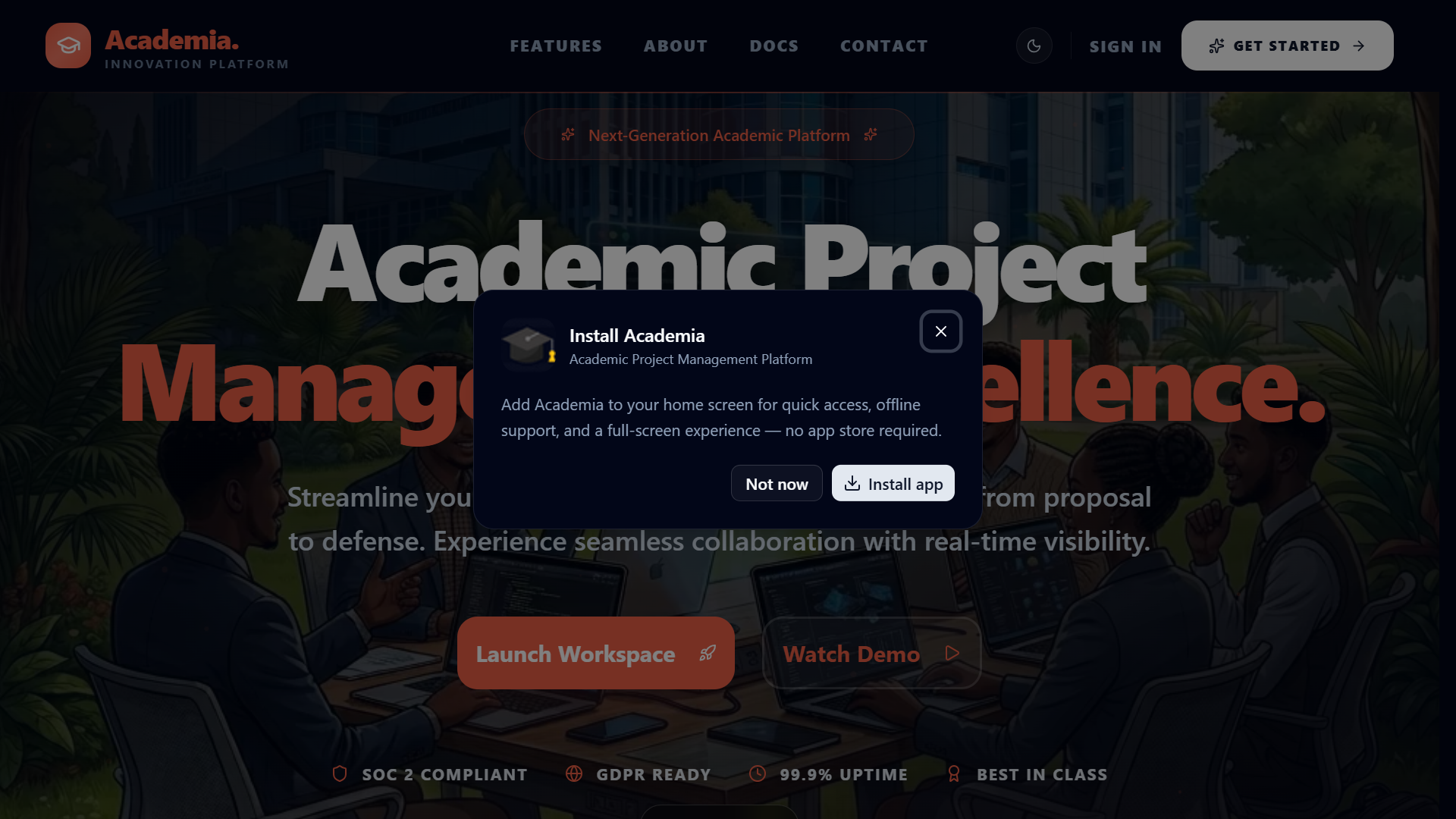 Academia public landing page