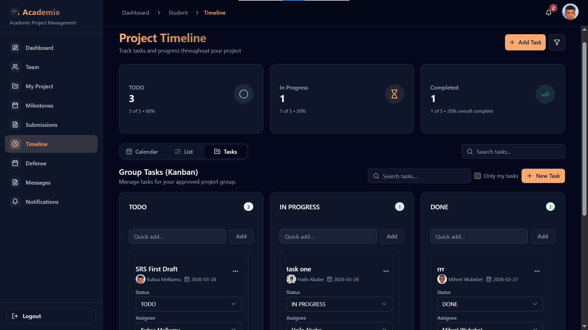 Student project timeline workspace
